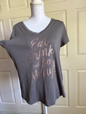 Gray V-Neck Tee with Rose Gold 'Eat Drink and Be Merry' Script